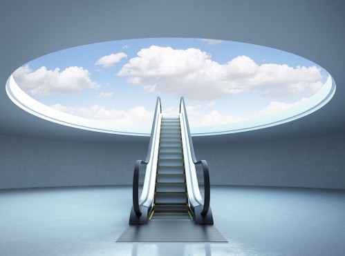 Escalator stairway to success. Blue sky. 3d render